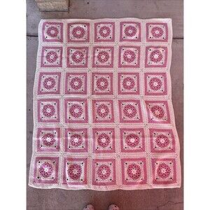 Vintage Crochet Blanket Throw Handmade White With Pink Granny Squares 63”x51”